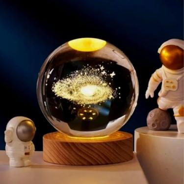 Imagem de Luminária Cristal de Mesa Sistema Solar Saturno Lua Galáxia LED Base Madeira Enfeite Decorativo Casa(Galaxia/Via Lactea,Grande)