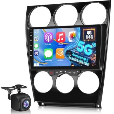 Imagem de Rádio veicular 4 + 64 G para Mazda 6 2002-2008 - Carplay sem fio e Android Auto - Estéreo Android 13 de 9 polegadas com 32 EQ DSP, WiFi, navegação GPS, SWC + câmera de backup AHD
