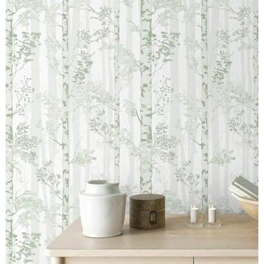 Imagem de Safiyya Papel de parede de 197 pol. × 17,76 cm, papel de parede de contato verde claro para árvore, papel de parede autoadesivo removível para quarto, banheiro, rolos de vinil