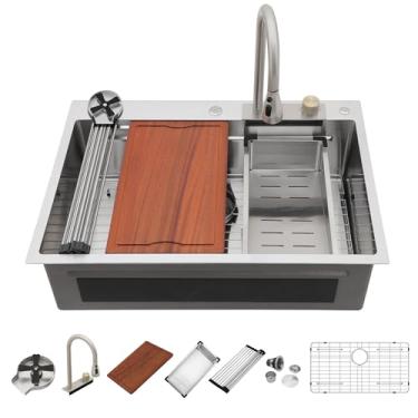 Imagem de Dcolora 76 cm Cachoeira pia de cozinha estação de trabalho inteligente com torneira combo overmount multifuncional pia única tigela aço inoxidável calibre 16, DC-SFDOE00012
