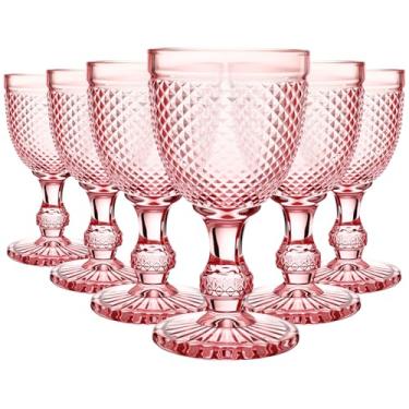 Imagem de Bokon Pacote com 6 taças de vinho tinto taças de vidro transparente de 283 g Cálice vintage em relevo com design de diamante cálice com haste para suco, licor, festa, casamento, bar (rosa)