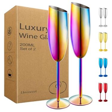 Imagem de UNISWEET Conjunto de 2 taças de champanhe, taças de champanhe de aço inoxidável para casamento e festa de aniversário, taça de champanhe inquebrável de boca inclinada de 200 ml com haste longa