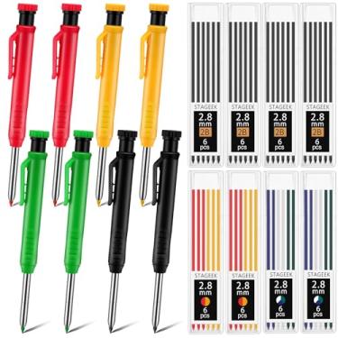 Imagem de MotiMind Pacote com 8 lápis de carpinteiro mecânico de 2,8 mm com 48 recargas, lápis de construção com apontador embutido, marcador de ponta longa, ferramentas de marcenaria resistentes (preto +