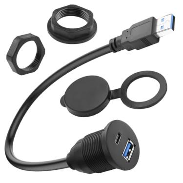 Imagem de QIANRENON 2 em 1 USB 3.0 para USB3.0 e USB C Adaptador Fixo Roscado Cabo Curto 5GBps Tipo A Macho para A + C Fêmea Montagem 1 para 2 Conectores, Carregamento 5V3A, Painel Montado para Carro/RV, 30 cm