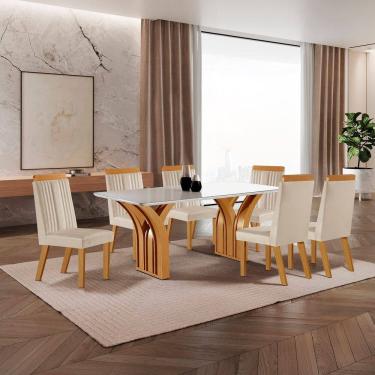 Imagem de Conjunto de Jantar Mesa Miami Tampo Mdf e Vidro com 6 Cadeiras Florença Yescasa Castanho Cinamomo/Creme/Off White