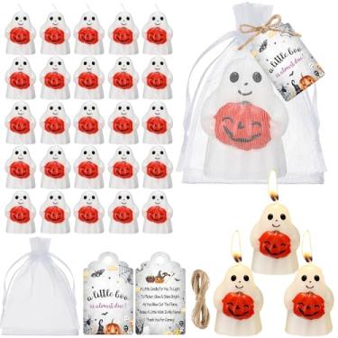 Imagem de Lounsweer 25 conjuntos de lembrancinhas de chá de bebê de Halloween sem cheiro, velas fantasmas de abóbora assustadoras em forma de fantasma, cartões de agradecimento, bolsa de organza com barbante