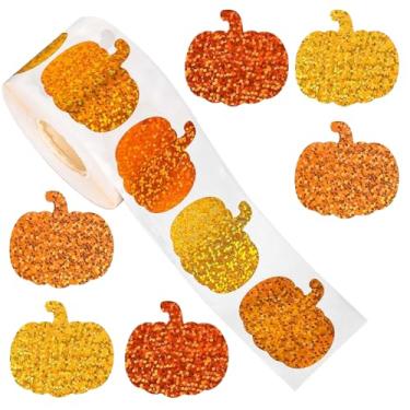 Imagem de 500 peças de adesivos de outono de Ação de Graças, 3 cores abóboras, decalques à prova d'água, adesivos holográficos autoadesivos rolo para cartões de festa de outono, decoração de diário, scrapbook