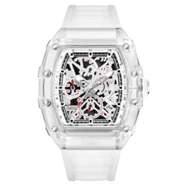 Imagem de BESTKANG Relógios masculinos modernos Hollowed Tonneau transparente, mostrador analógico, quartzo, data, à prova d'água, relógio de pulso masculino, Branco, Moderno, moderno