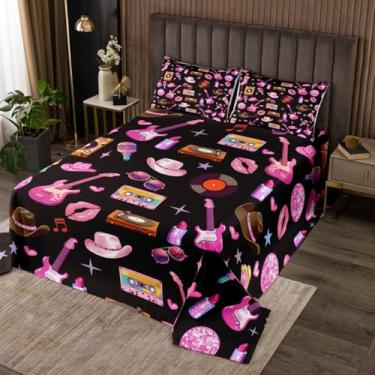 Imagem de jejeloiu Conjunto de colcha de cama para meninas, rosa, violão, gato, vaqueira, ocidental, tamanho solteiro, moderno, feminino, para cantor, acolchoado, preto e rosa, conjunto de colcha de microfibra