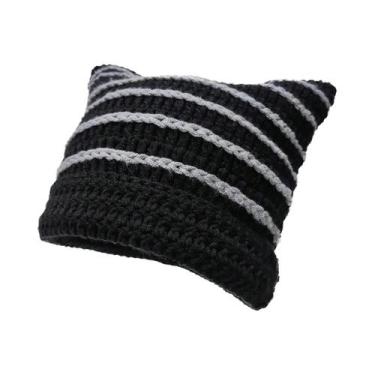 Imagem de Gorro Feminino De Inverno Listrado Com Orelhas De Gato, Estilo Coreano