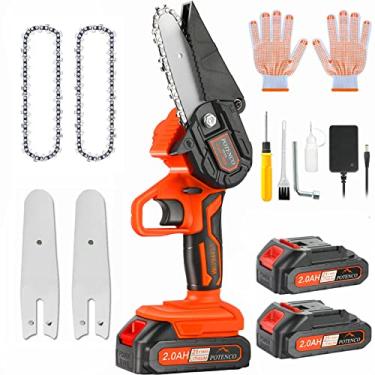 Imagem de POTENCO Mini Motosserra, Pequenas Mini Motosserras Portáteis Sem Fio, Motosserras Movidas A Bateria Com Trava De Segurança E 2 Baterias, Motosserra Elétrica De 4 Polegadas Para Corte De Galhos De Á