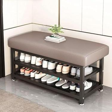 Imagem de Banco Estofado e Sapateira 2 Prateleiras Organizadoras Assento Hall de Entrada Organizador de Sapatos Industrial Puff (60x30x49-Cinza)