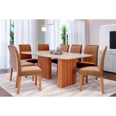 Imagem de Conjunto: Mesa Sala Jantar Ester Tampo Madeirado c/ Vidro 210x100cm e 8 Cadeiras Juliana Cinamomo/Off White - Carvalho/Suede Joli Capuccino - Cimol