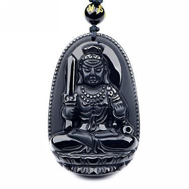 Imagem de Colar 100% obsidiana preta natural Natal Buda Guan Yin bodhisattva amuleto da sorte corrente com pingente de contas, Gema, Obsidiana