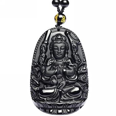 Imagem de Colar 100% obsidiana preta natural Natal Buda Guan Yin bodhisattva amuleto da sorte corrente com pingente de contas, Gema, Obsidiana