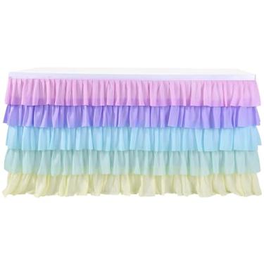 Imagem de Homaisson Saia de mesa de chiffon multicolorida, 1,85 m de comprimento, 0,77 m de altura, design de bolo sonhador, saia de tule fofa para mesas retangulares e redondas, decorações de festa