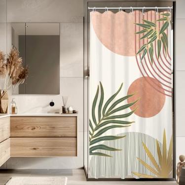 Imagem de KOMLLEX Cortina de chuveiro boho rosa verde meados do século para decoração de banheiro 91 cm L x 182 cm pequena tenda RV metade abstrata moderna folhas douradas arco sol chique tecido poliéster