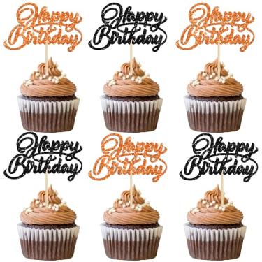 Imagem de Ephlyn 24Pcs Happy Birthday Cupcake Toppers Glitter Happy Birthday Cupcake Picks for Celebrating Halloween Anniversary Theme Party Cake Decorations Supplies Orange Black