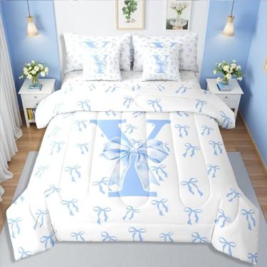 Imagem de Erosebridal Conjunto de edredom de princesa azul fofo com 7 peças e laços de coquete sonhadores em uma bolsa, aquarela, letra Y, conjunto de cama casal para crianças, meninas e adolescentes