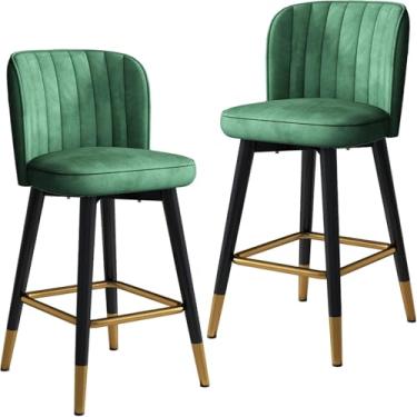 Imagem de Cadeira Alta Giratória Encosto De Veludo Bar Banquetas 2 Pcs, Balcão De Cozinha Doméstica Banqueta De Recepção Com Pernas Pretas E Apoio Para Os Pés Cromado Dourado, Green, 75 cm