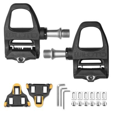 Imagem de Wildto SPD-SL Pedais de bicicleta de estrada - Pedal de bicicleta sem clipe compatível com rolamentos selados Shimano Peloton 9/40.6 cm composto de nylon com travas de 3 parafusos - fitness interno
