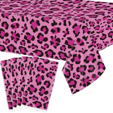 Imagem de Ywediim 4 peças de toalha de mesa de festa de leopardo, capa de mesa retangular impermeável de animal rosa para decoração de festa de leopardo, safári na selva, zoológico, safári, leopardo, 127 x 272