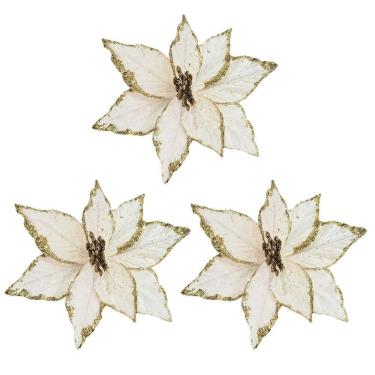 Imagem de Kit 3 Flores Bico de Papagaio Natal Pick Veludo Champanhe Glitter Dourado 20cm