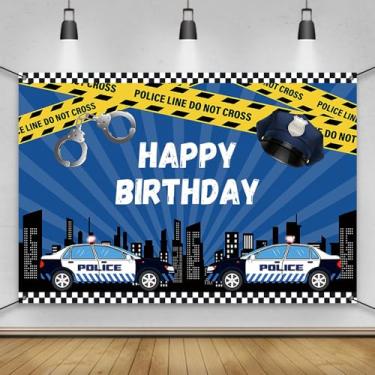 Imagem de DORCEV Tema da polícia, faixa de feliz aniversário, cenário para meninos, festa de 1º aniversário, carro de polícia, noite, paisagem urbana, foto de fundo, mesa de bolo, decoração externa externa
