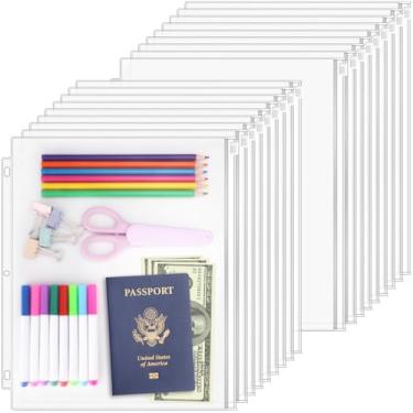 Imagem de Antner Pacote com 18 bolsos com zíper para fichário de 3 anéis, PVC transparente, 3 furos, tamanho carta, sacos de armazenamento de documentos, pastas soltas, inserções de folhas, protetores de página