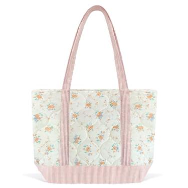 Imagem de Sunwel Fashion Bolsa feminina acolchoada floral grande com zíper para trabalho, viagem, academia, compras, praia, Rosa/laranja