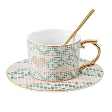 Imagem de GRFIT Caneca leve luxuosa xícara de café de cerâmica conjunto retrô europeu estilo doméstico xícara de chá da tarde inglesa adequada para café latte flor chá caneca de café (cor: latão)