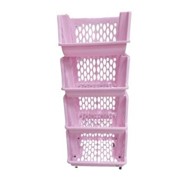 Imagem de Organizador Multiuso Cesto de Plástico c Rodinhas 2, 3 ou 4 andares Empilhável (quadruplo rosa)