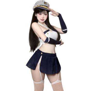 Imagem de QNCLO Cosplay feminino sexy roupa estudantil anime japonês JK saia plissada estilo universitário francês marinheiro uniforme marinho, Azul, branco, Tamanho Único