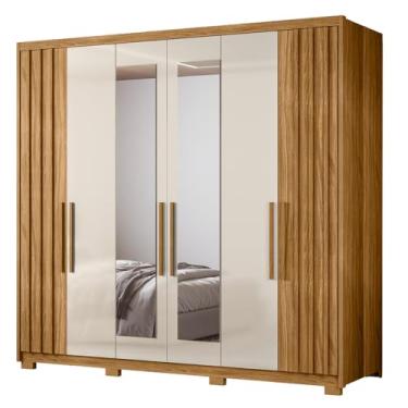 Imagem de Guarda Roupas Casal Detalhe Ripado Com Espelho 6 Portas 4 Gavetas Roma Madeirado/Off White