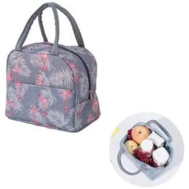 Imagem de Bolsa Marmita Térmica Estampada – Compacta com Alça e Bolso Lateral, Ideal para Trabalho, Faculdade e Academia (Flamingos Cinza)