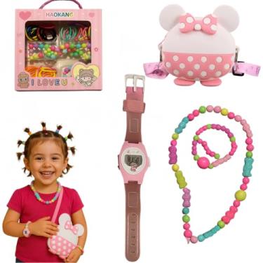 Imagem de Kit Infantil de Acessórios para Cabelo, 100 Elásticos Coloridos, Colar, Relógio e Bolsa Minnie, Conjunto Completo para Meninas