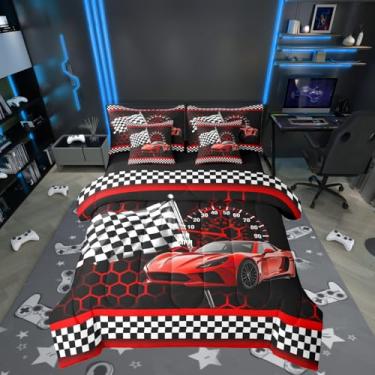 Imagem de Jogo de cama casal de carros de corrida vermelho, luzes de néon, favo de mel, carros de corrida, 7 peças, para crianças, meninos, adolescentes e adultos, preto e branco, conjunto de cama com edredom e