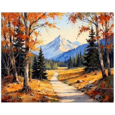 Imagem de Kit de pintura por números de cenário natural para adultos – Trilha da floresta de outono DIY com pintura de montanha nevada em tela 40,6 x 50,8 cm, conjunto de tinta acrílica para iniciantes, arte