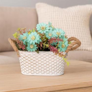 Imagem de Lizzi Home Decor Vaso Decorativo com Margaridas Artificiais, Alumínio Texturizado Branco, Mini Flores verde, 10x9x10 cm, 2 Buquês