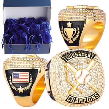 Imagem de TOPSPORTSJEWELRY Pacote com 12 peças de beisebol Home Plate Championship Trophy Ring Award Gift for Tournament Teams Palyers Awards Tamanho 9,5 Gold Champions (12 peças Gold Champions Rings)