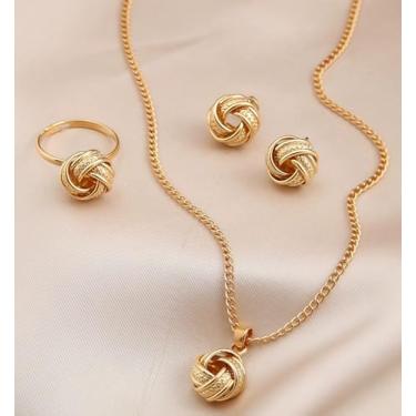 Imagem de Colar de brinco de anel de nó torcido para mulheres ouro geométrico torções brincos pingente gargantilha amarelo conjunto de ornamentos minimalistas para filha, esposa, noiva, aniversário, presentes
