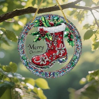 Imagem de Acrílico colorido Suncatcher, Natal feliz meia mosaico 18 cm janela suspensa decoração de parede com design estilo vitral impresso, ideia de presente e ornamento de jardim uso interno e externo