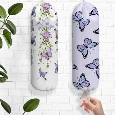 Imagem de 2 peças de suporte de plástico de flor de borboleta roxa, suporte reutilizável para sacolas de plástico, dispensador de armazenamento de sacolas de supermercado para casa, cozinha, carro