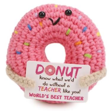 Imagem de Solarfun Decoração de donut positiva de crochê feito à mão – Arte de fio Amigurumi com "o melhor cartão de professor do mundo, presente motivacional fofo para professores e colegas de trabalho