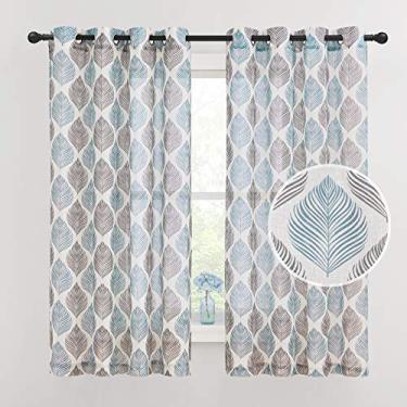 Imagem de Cortinas transparentes de linho para proteção de privacidade com padrão de folhas azuis e pretas, cortinas de filtro de luz rural com ilhós para quarto, 50 W por 63 L, conjunto de 1
