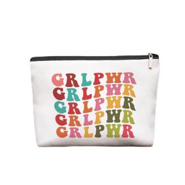 Imagem de Girl Power Bolsa de maquiagem feminina Preppy para cosméticos, presentes feministas fofos para mulheres, bolsa de maquiagem GRL PWR moderna com zíper