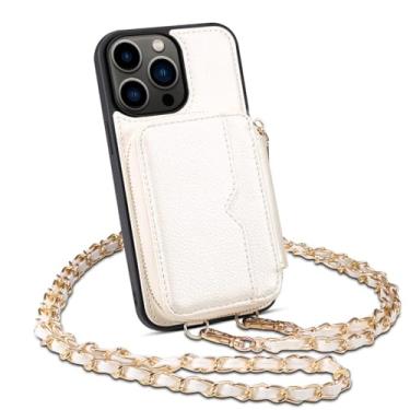 Imagem de Capa de telefone crossbody com zíper carteira para iPhone 15 Pro Max 14 Plus 13 Pro espelho metal corrente cordão porta cartão capa de couro, branca, para iPhone15