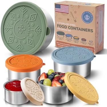 Imagem de Everusely Recipientes de aço inoxidável com tampas, recipientes empilháveis para lanche infantil, lancheira de aço inoxidável à prova de vazamento para crianças, recipientes de armazenamento de alimentos de metal, caixa Bento para salada, lancheira infantil