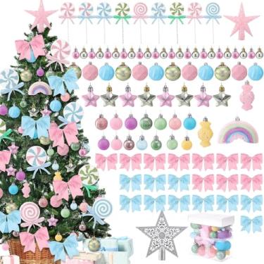 Imagem de AceOrbit Conjunto de enfeites de doces pastel de Natal, 114 peças, mini decorações de árvore de Natal, enfeites de bolas de doces de Natal coloridos, lindos laços de pirulito pendurados para festa de