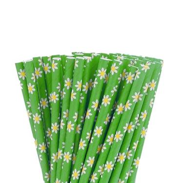 Imagem de NIEITRK 100 peças de palha de papel biodegradável verde com padrão de margarida, canudos de festa de flores para aniversário de meninas, casamento, chá de panela, coquetéis e decorações de suco